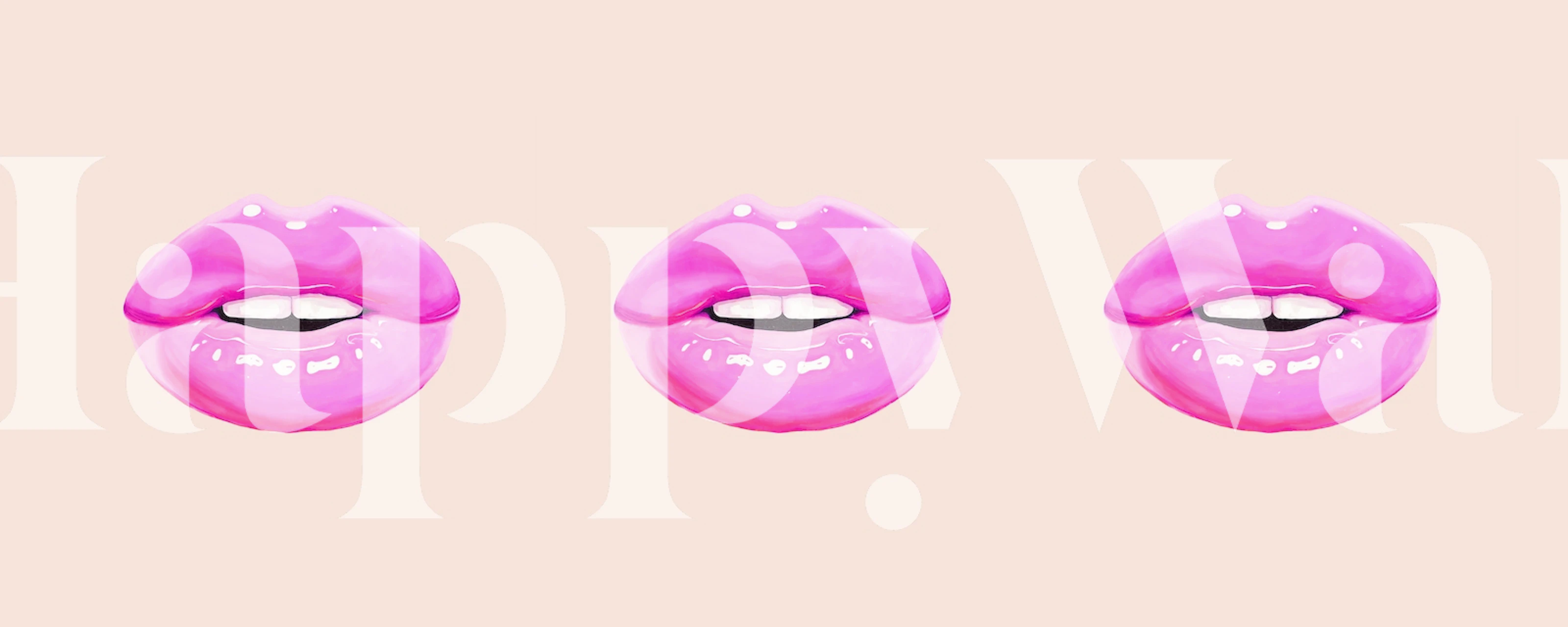 Tre lyserøde læber på et beige baggrundsvægmaleri.