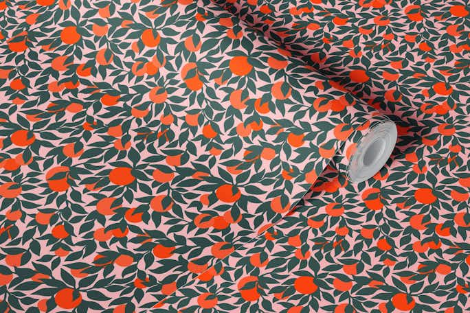 Oranges and Leaves on Pink Patternwallpaper roll