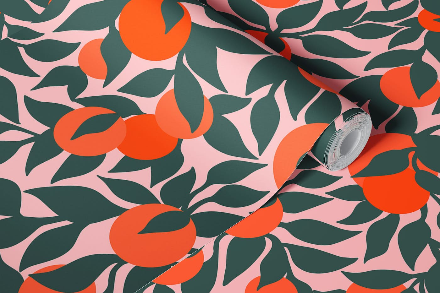 Oranges and Leaves on Pink Mural wallpaper roll