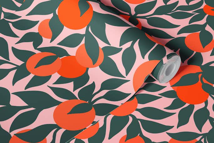 Oranges and Leaves on Pink Muralwallpaper roll