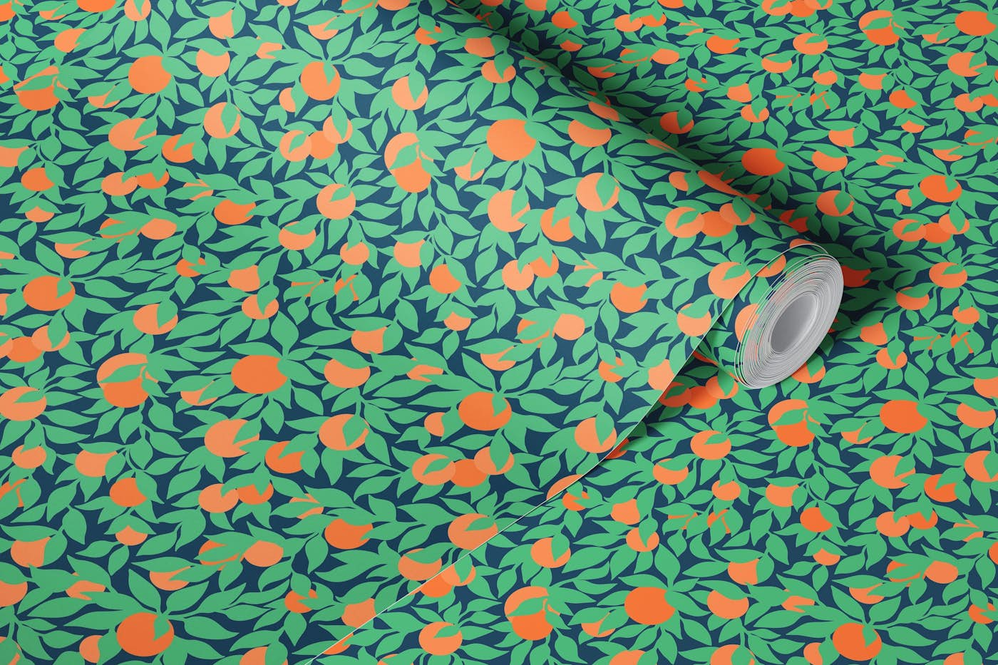 Oranges and Leaves on Navy Pattern wallpaper roll