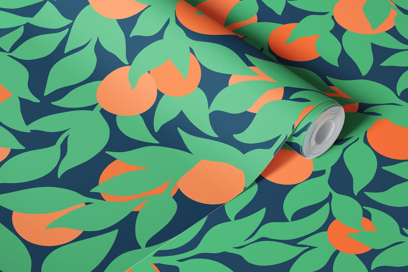 Oranges and Leaves on Navy Mural wallpaper roll