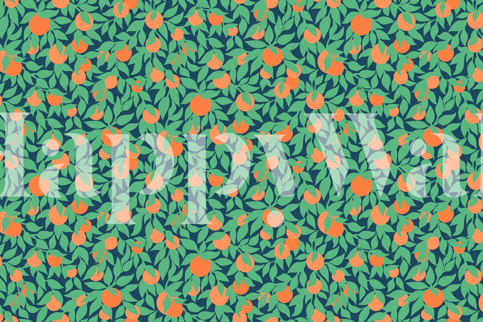 Oranges and leaves on navy background floral wallpaper