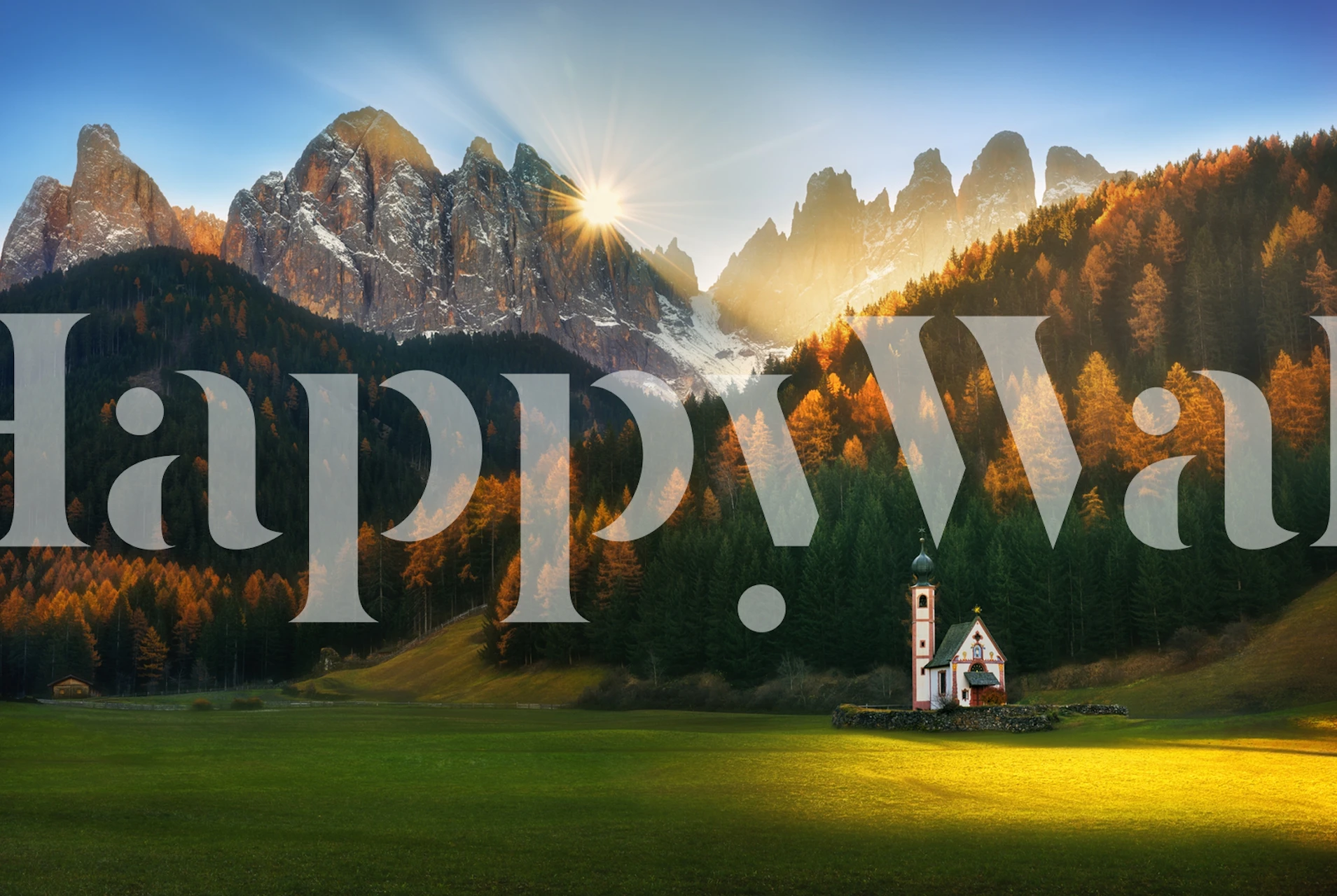 Santa Maddalena church in the Dolomites with sunlit meadows and forest wall mural