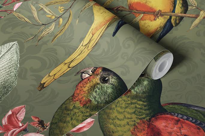 Vintage Midnight Tropical Birds Rainforest Junglewallpaper roll