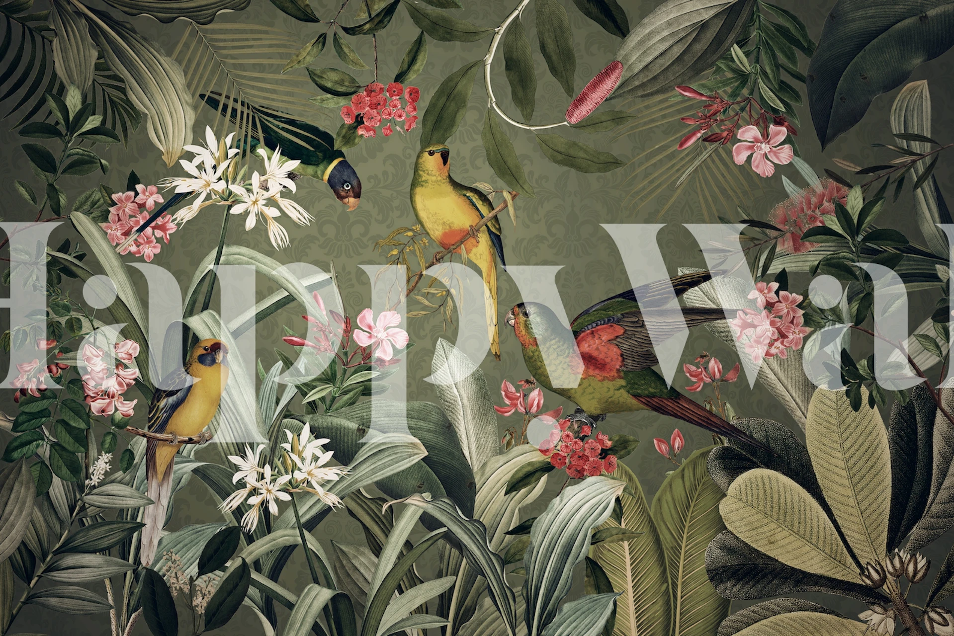 Vintage tropical birds wallpaper in a room