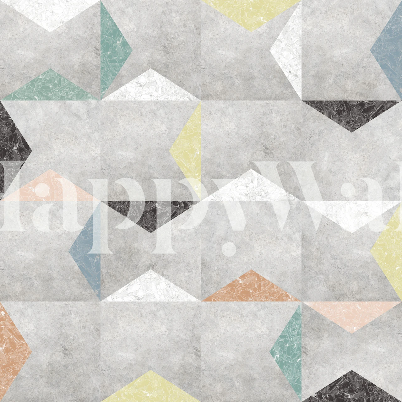 Padrão geométrico com textura de concreto e fotomural vinílico em cores pastel