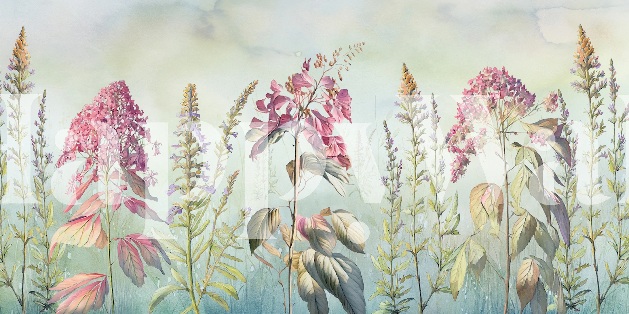 Wild flowers meadows blue wallpaper in a room