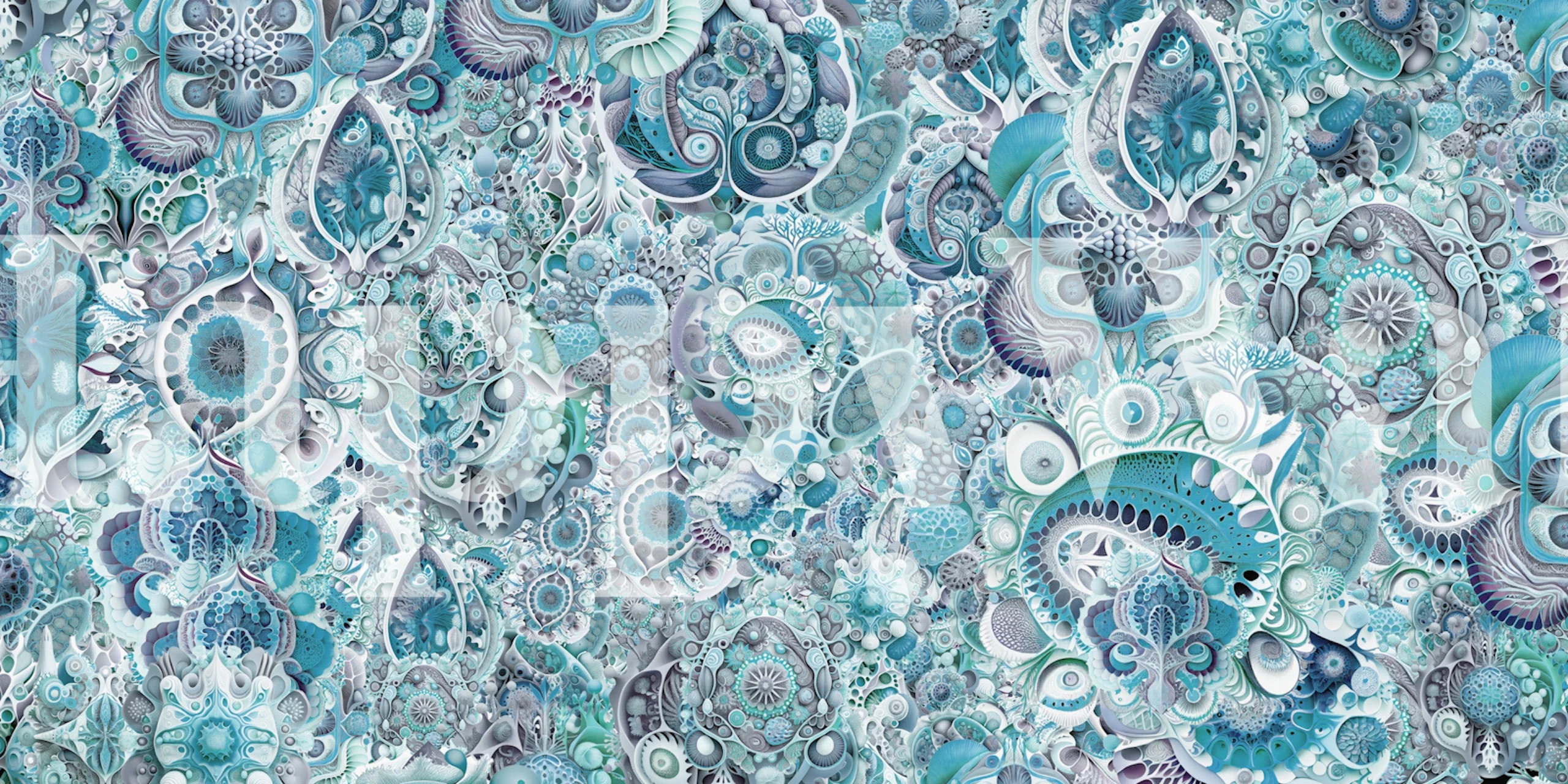 Mural de parede After Haeckel Blue com vida marinha intrincada e padrões florais em tons de azul.