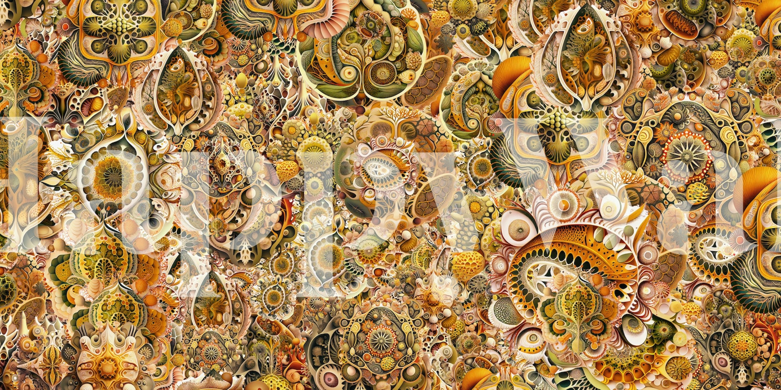 Decoratieve organische patronen in warme tinten oranje, bruin en groen wallpaper