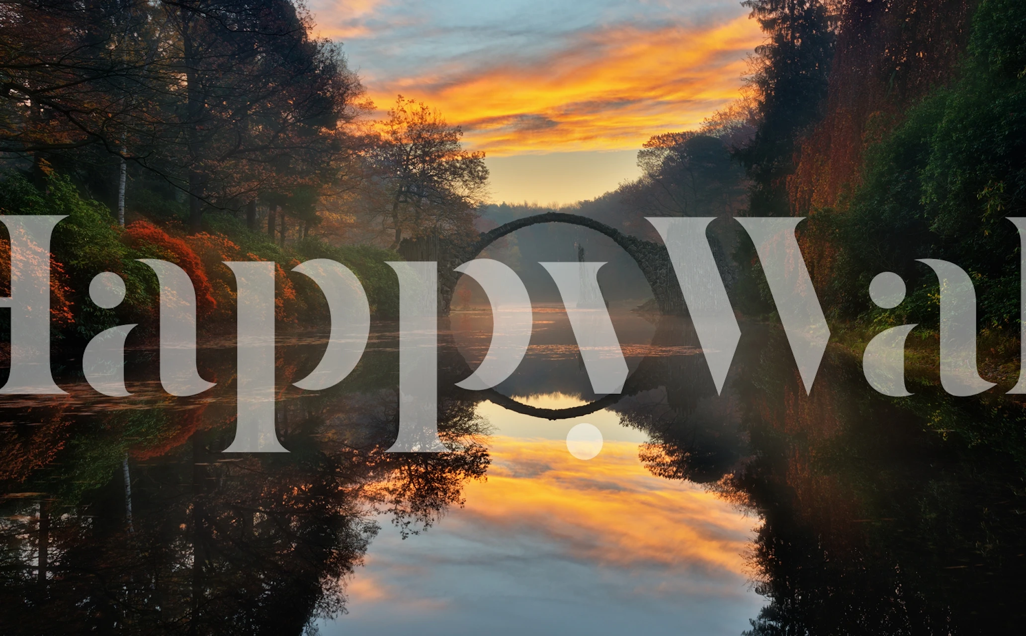 Autumn landscape with bridge and colorful foliage reflection wallpaper