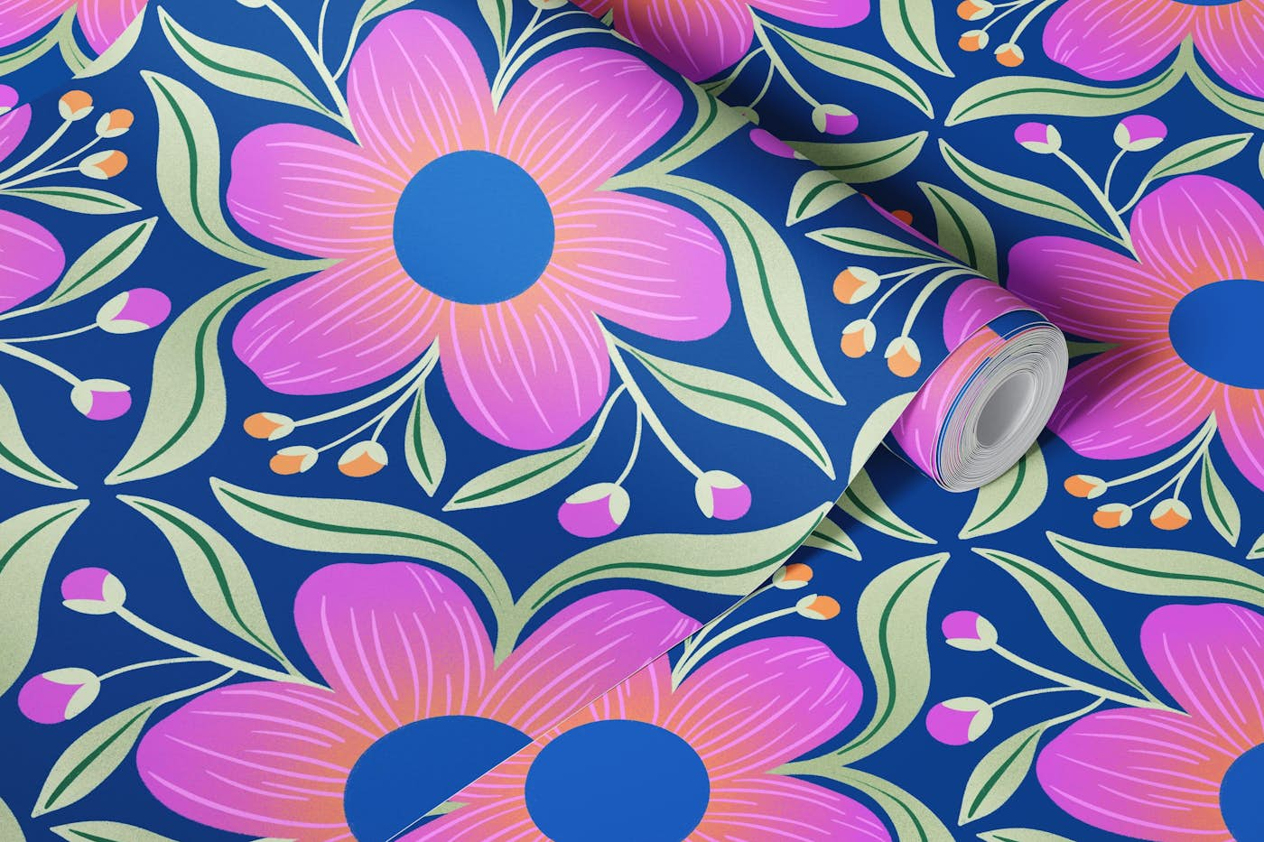 Bold Groovy Floral in Blue wallpaper roll