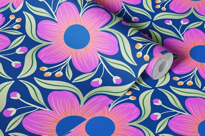 Bold Groovy Floral in Bluewallpaper roll
