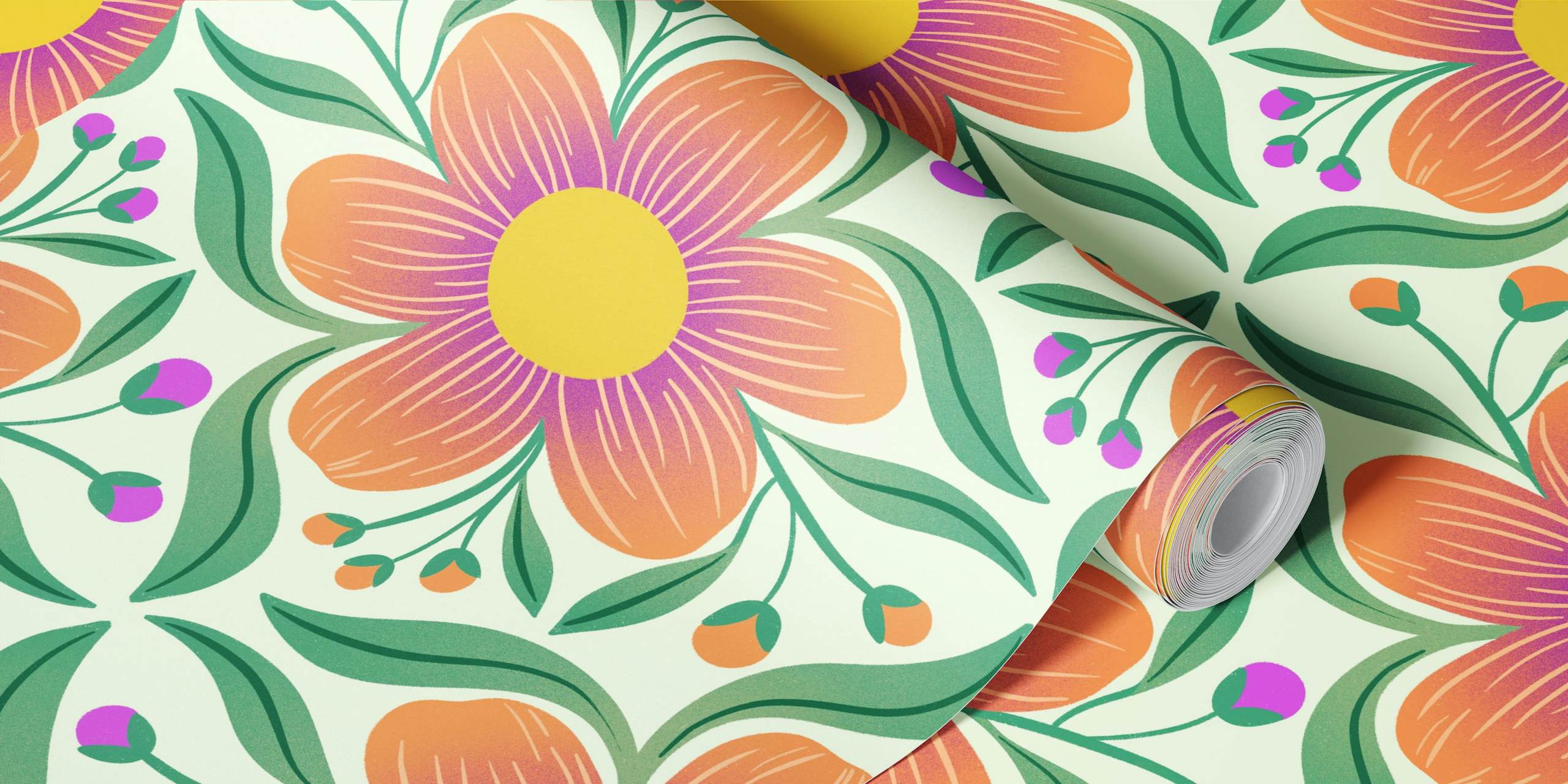 Fototapeta w stylu retro z kwiatowym wzorem z dużymi kwiatami na jasnozielonym tle.