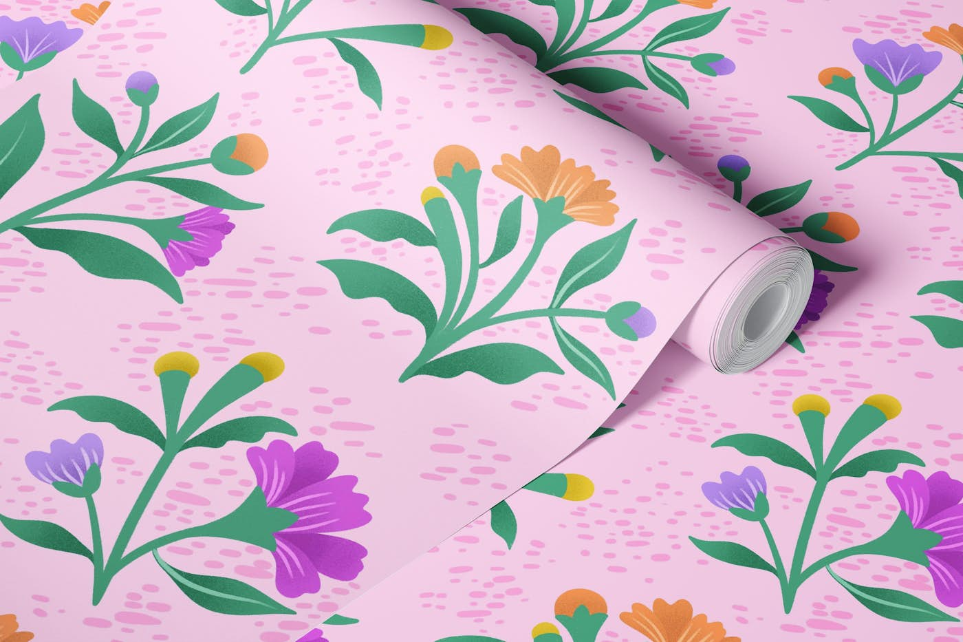 Wildflower Bouquets on Pink wallpaper roll