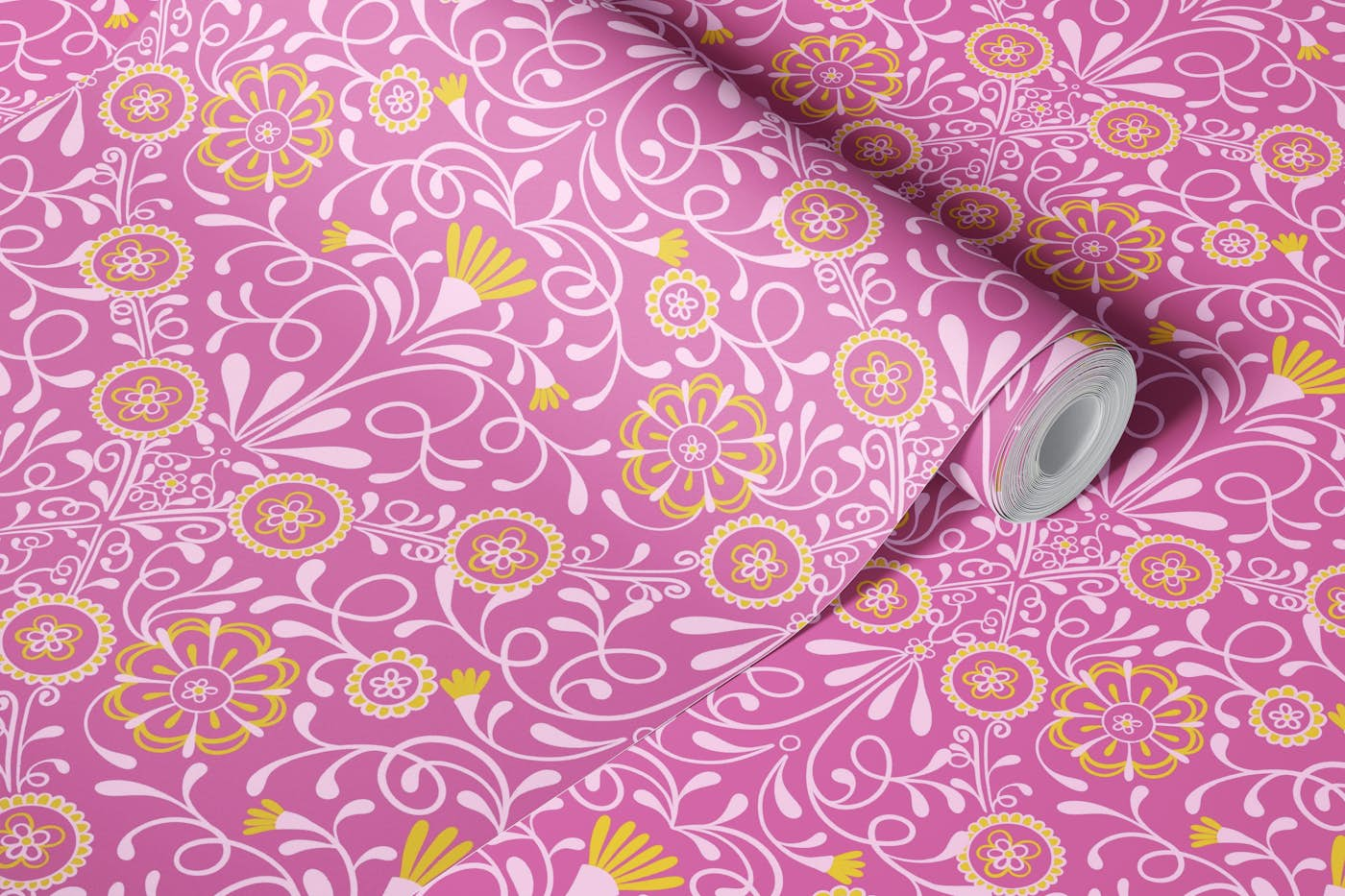 Tuscan Tile in Pink and Yellow wallpaper roll