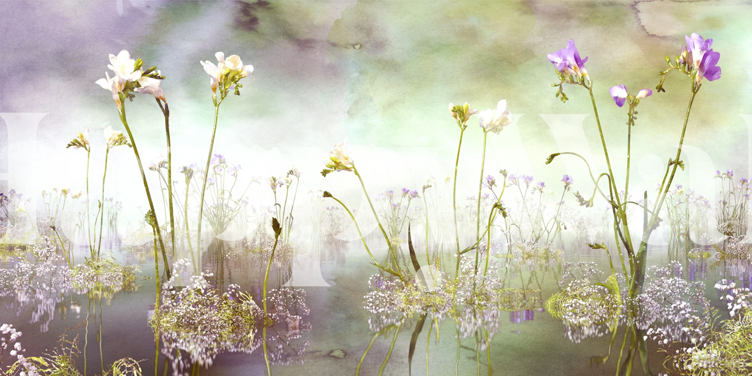 Ethereal purple and green floral wall mural featuring freesia flowers