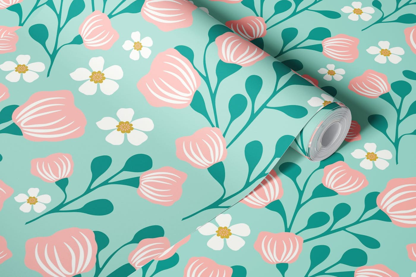 White Pink Floral Decor on Light Blue wallpaper roll