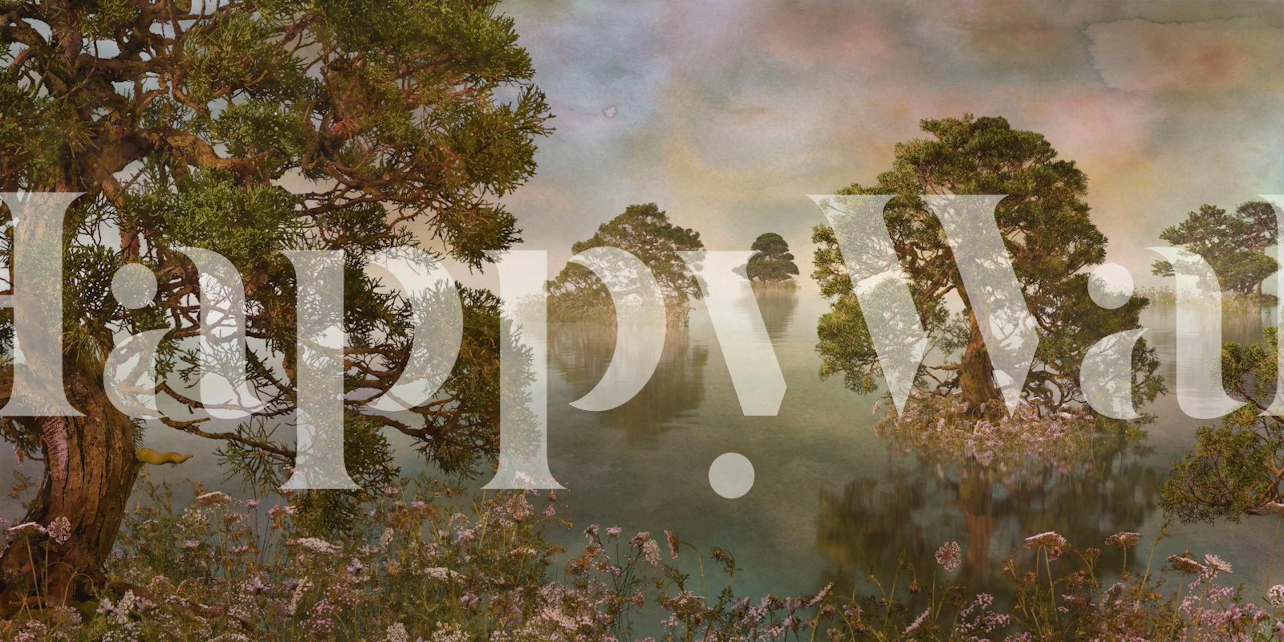 Akvarellijärven auringonlaskun seinämaalaus, jossa näkyy rauhallinen maisema