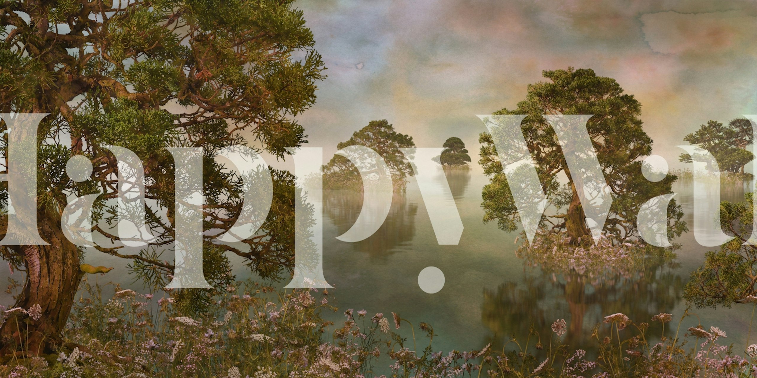 Watercolor lake sunset wall mural showing a serene landscape