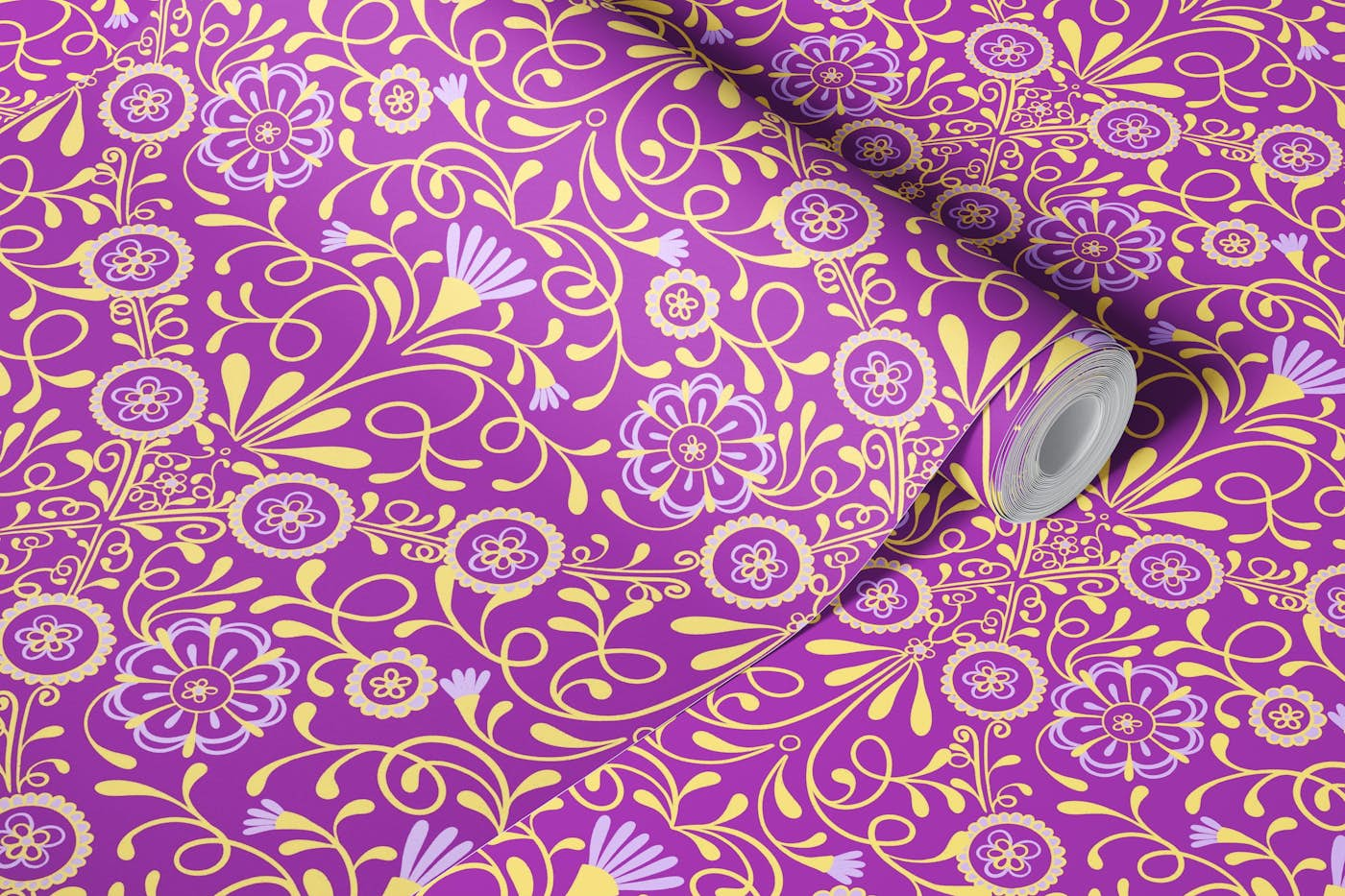 Tuscan Tile in Magenta, Yellow, and Purple wallpaper roll