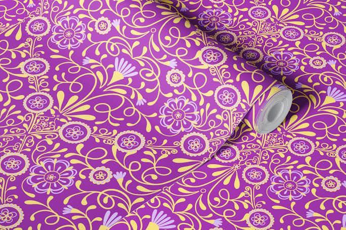 Tuscan Tile in Magenta, Yellow, and Purplewallpaper roll
