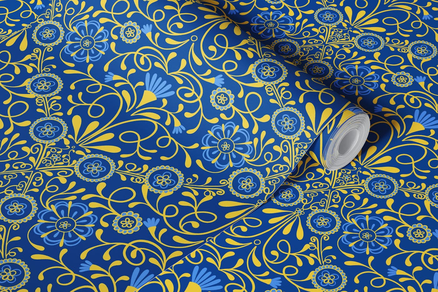 Tuscan Tile in Blue and Yellow wallpaper roll