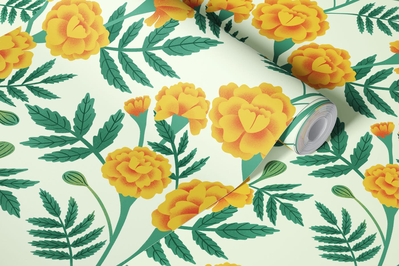 French Marigolds on Light Green wallpaper roll