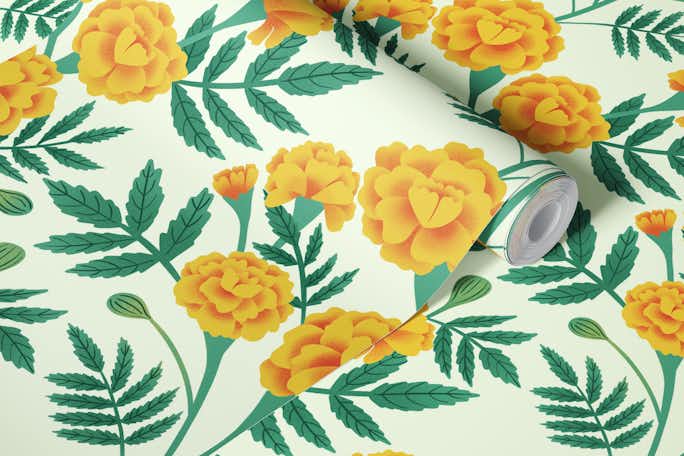 French Marigolds on Light Greenwallpaper roll