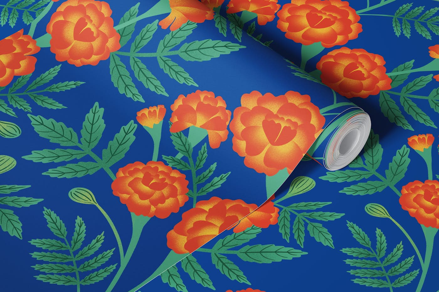 French Marigolds on Blue wallpaper roll