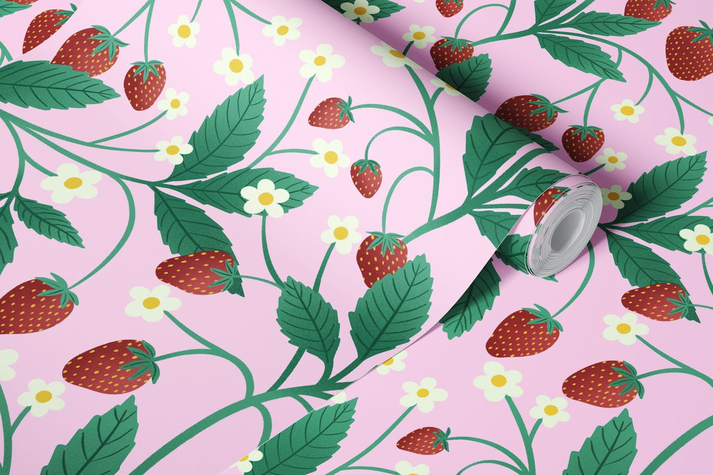 Strawberries on Pink wallpaper roll