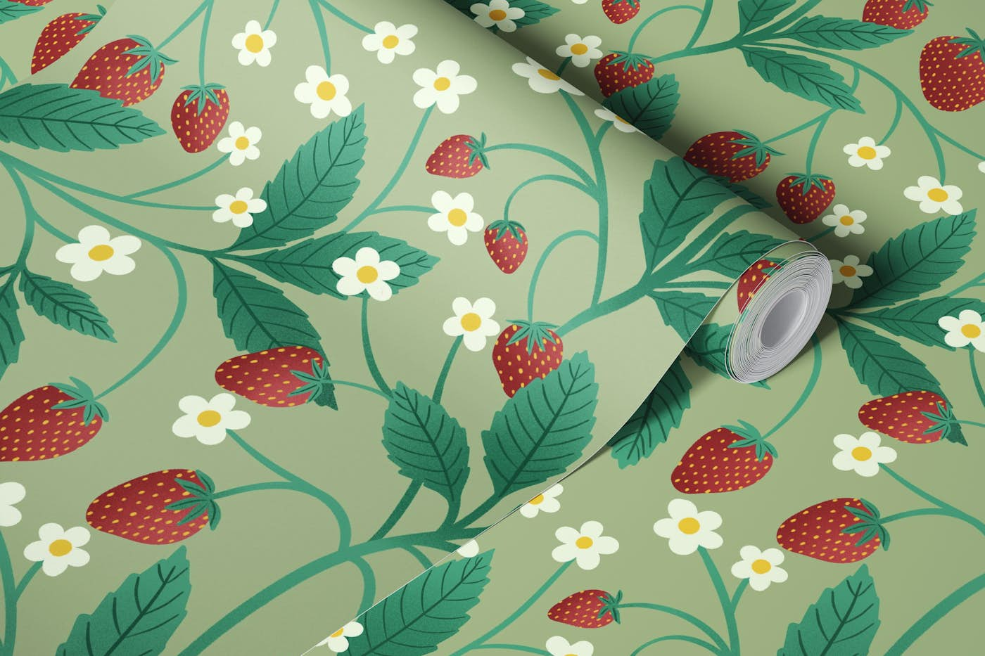 Strawberries on Sage Green wallpaper roll