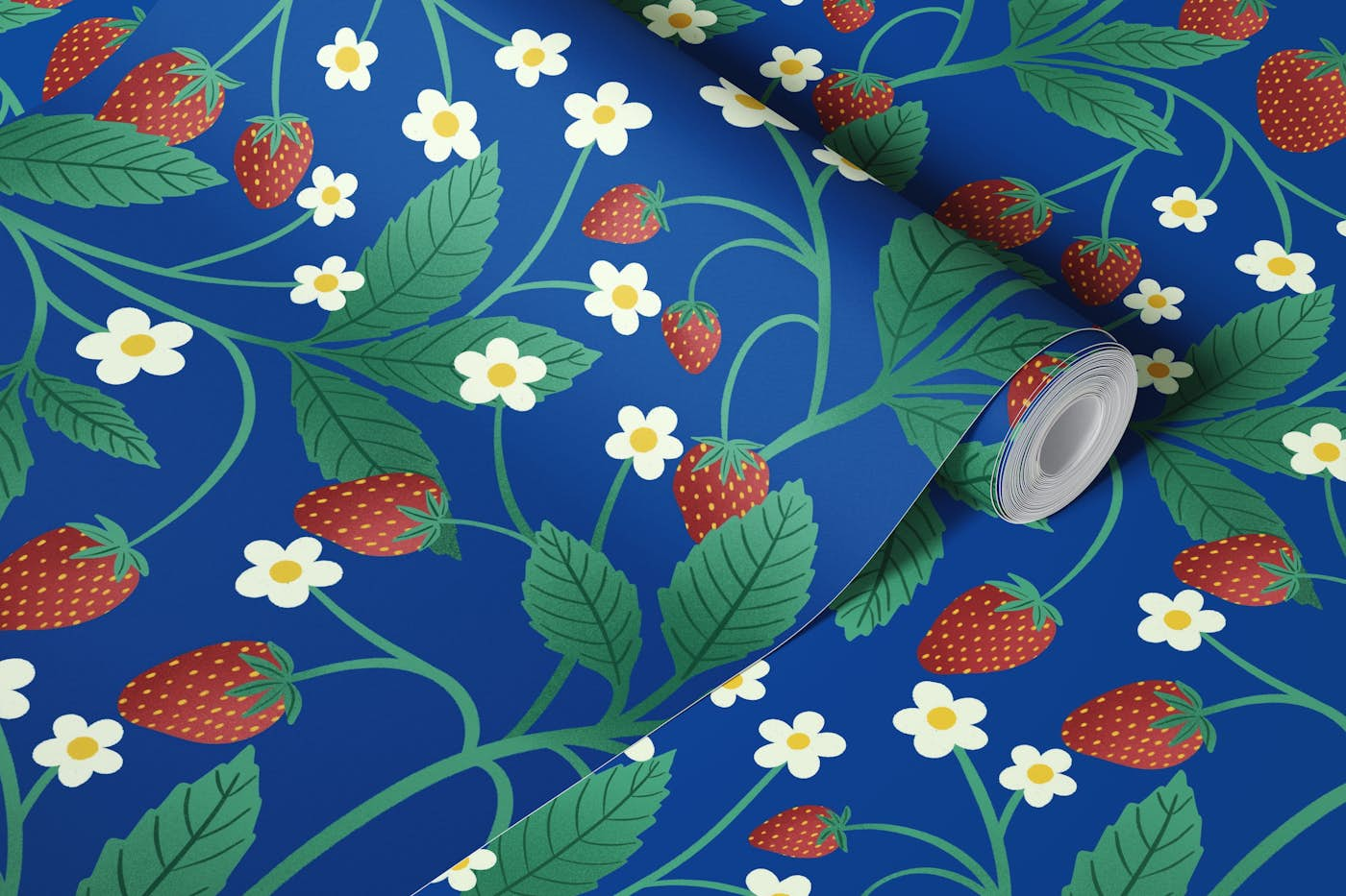 Strawberries on Deep Blue wallpaper roll