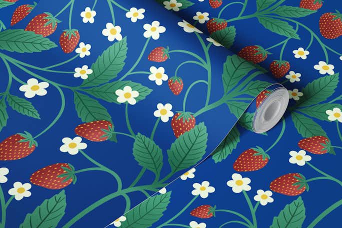 Strawberries on Deep Bluewallpaper roll