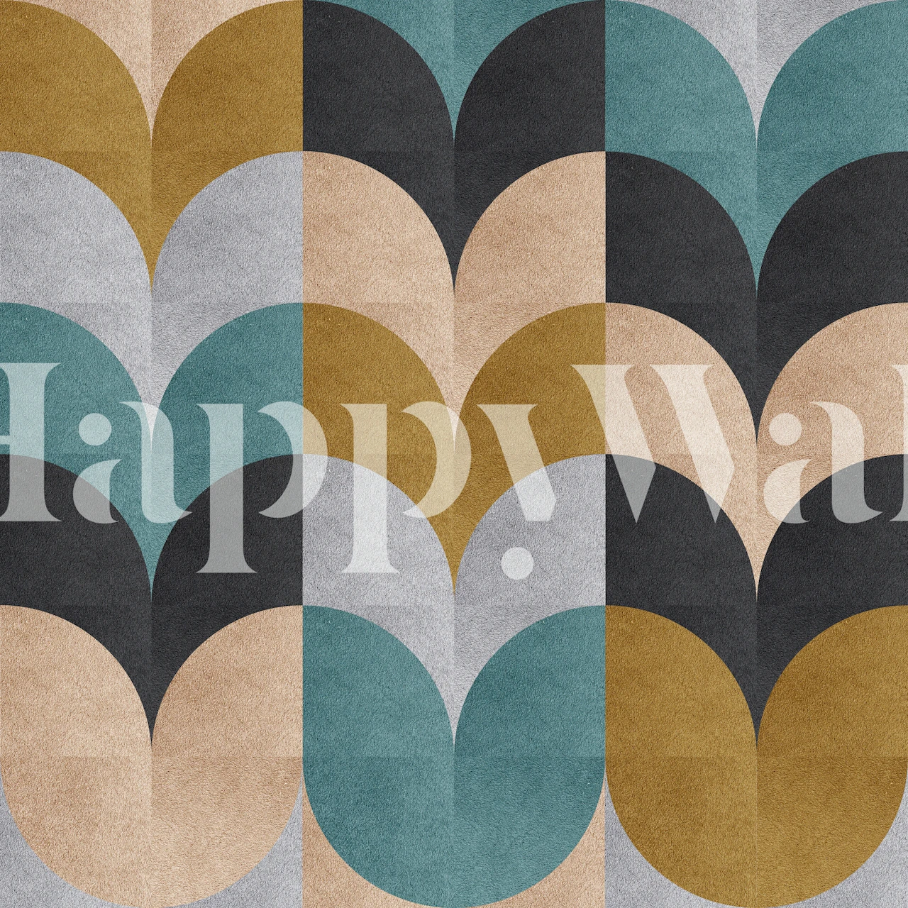 Geometric patterned wallpaper in teal, gold, gray, cream tones