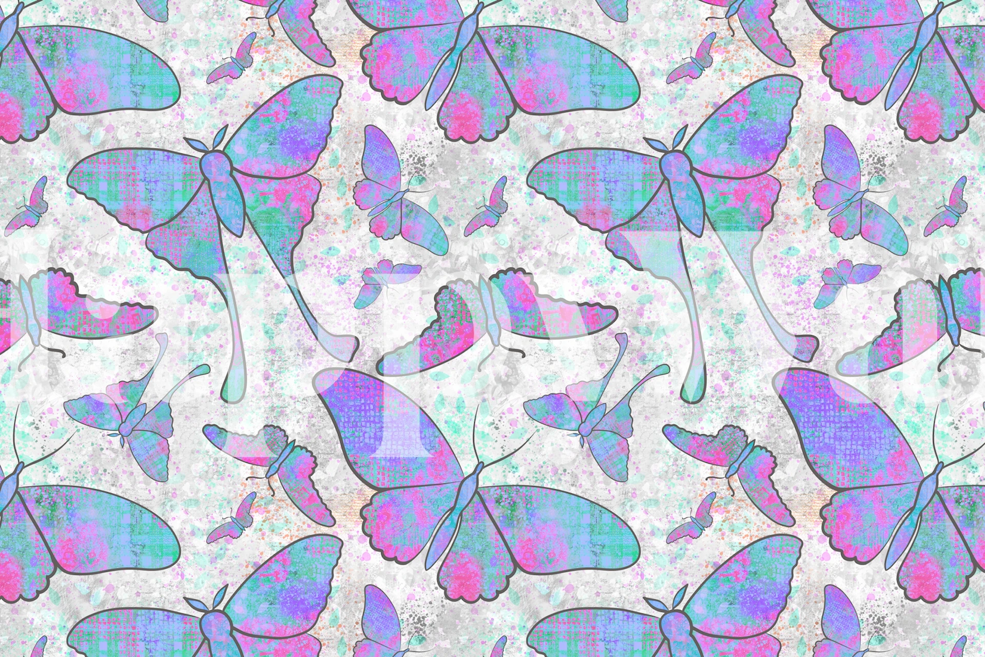 Colorful butterflies in shades of pink and blue on a white background wallpaper