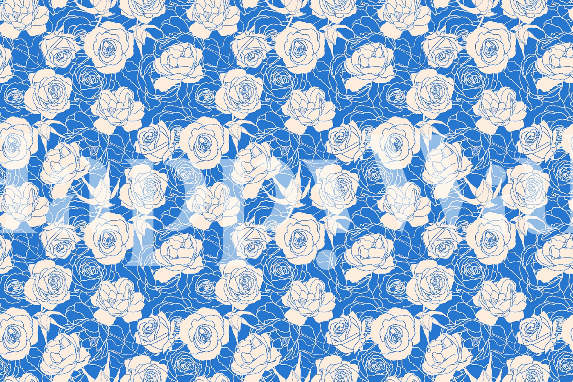 Blue floral wallpaper with white roses and green leaves