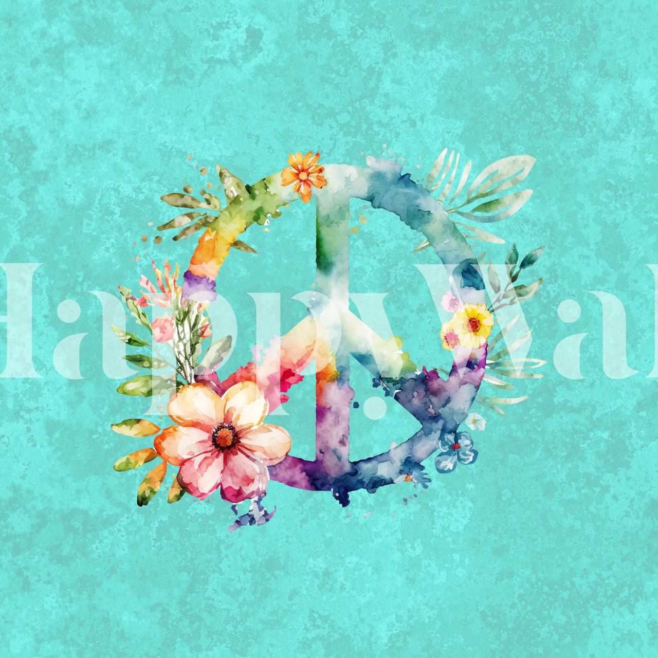 Floral peace sign with bright colors on blue background wallpaper