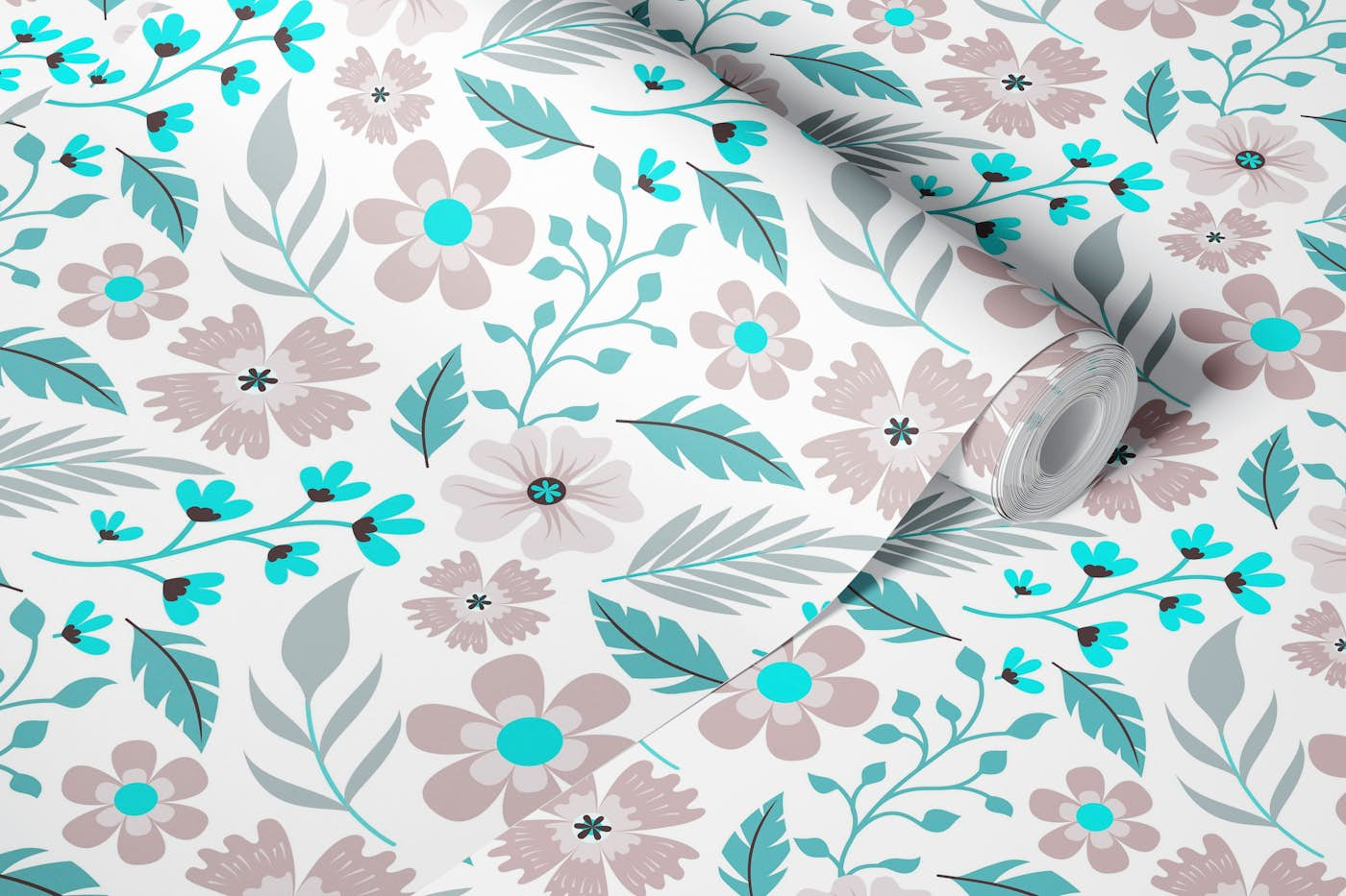 Mid Century Flower And Leaf Pattern Blush Pink And Teal wallpaper roll