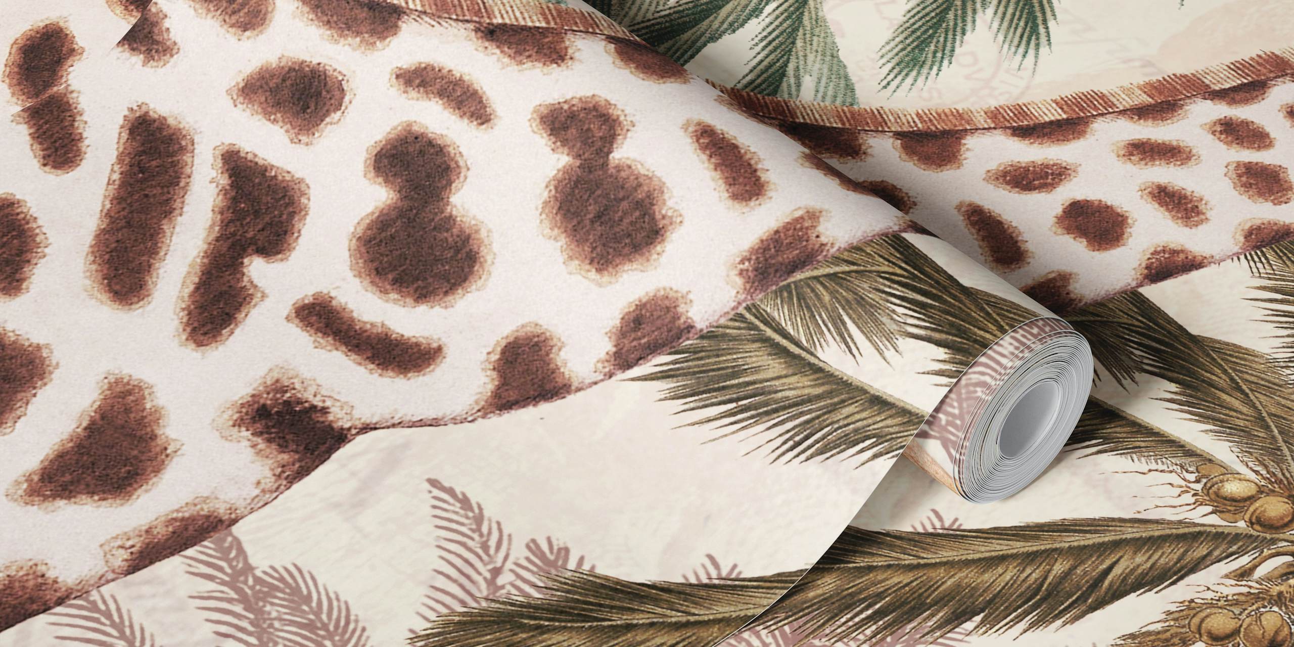Wandbild im Vintage-Stil mit afrikanischen Safaritieren wie Giraffen und Zebras zwischen tropischen Palmen.