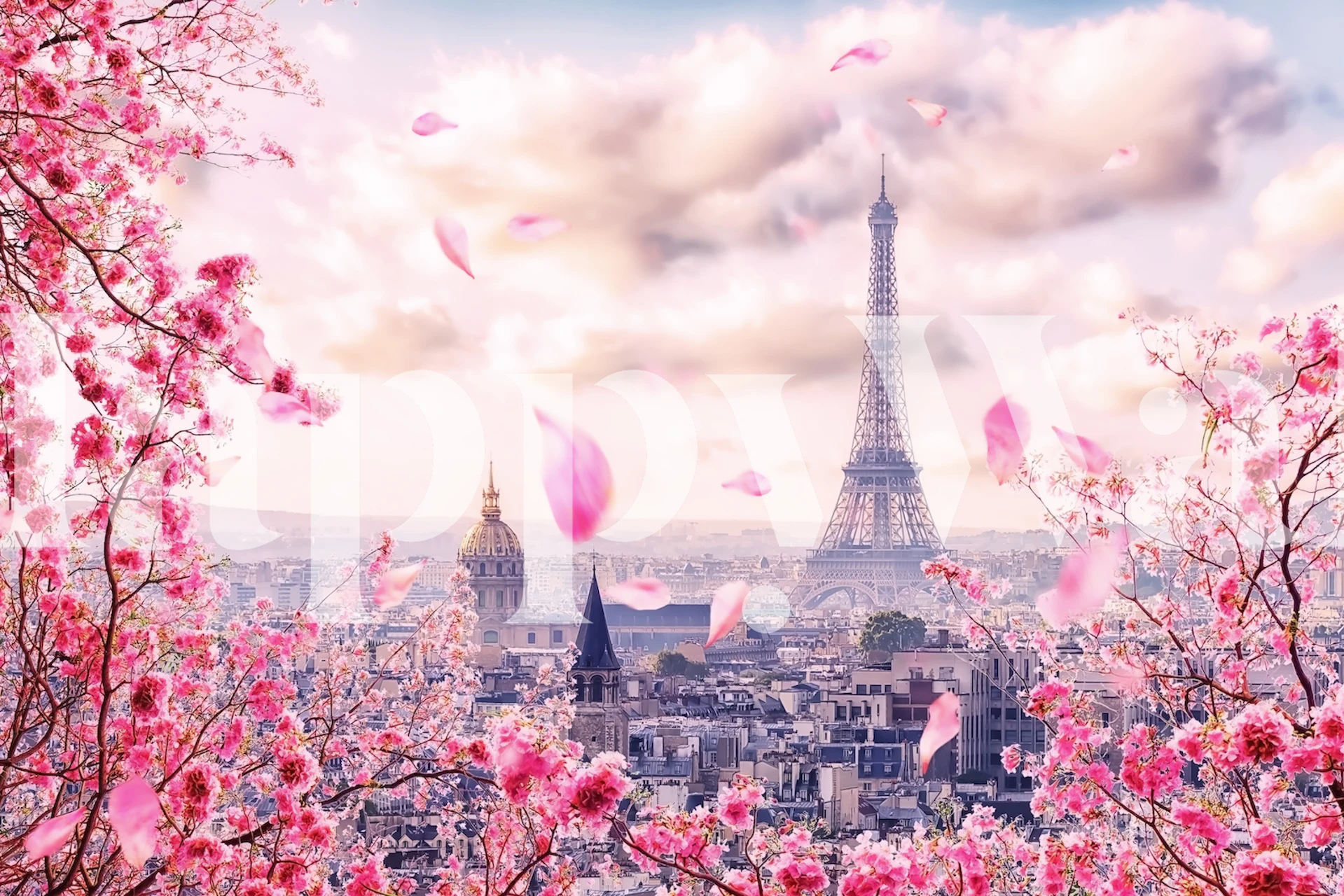 Tapeta Pink Paris z Wieżą Eiffla i kwiatami