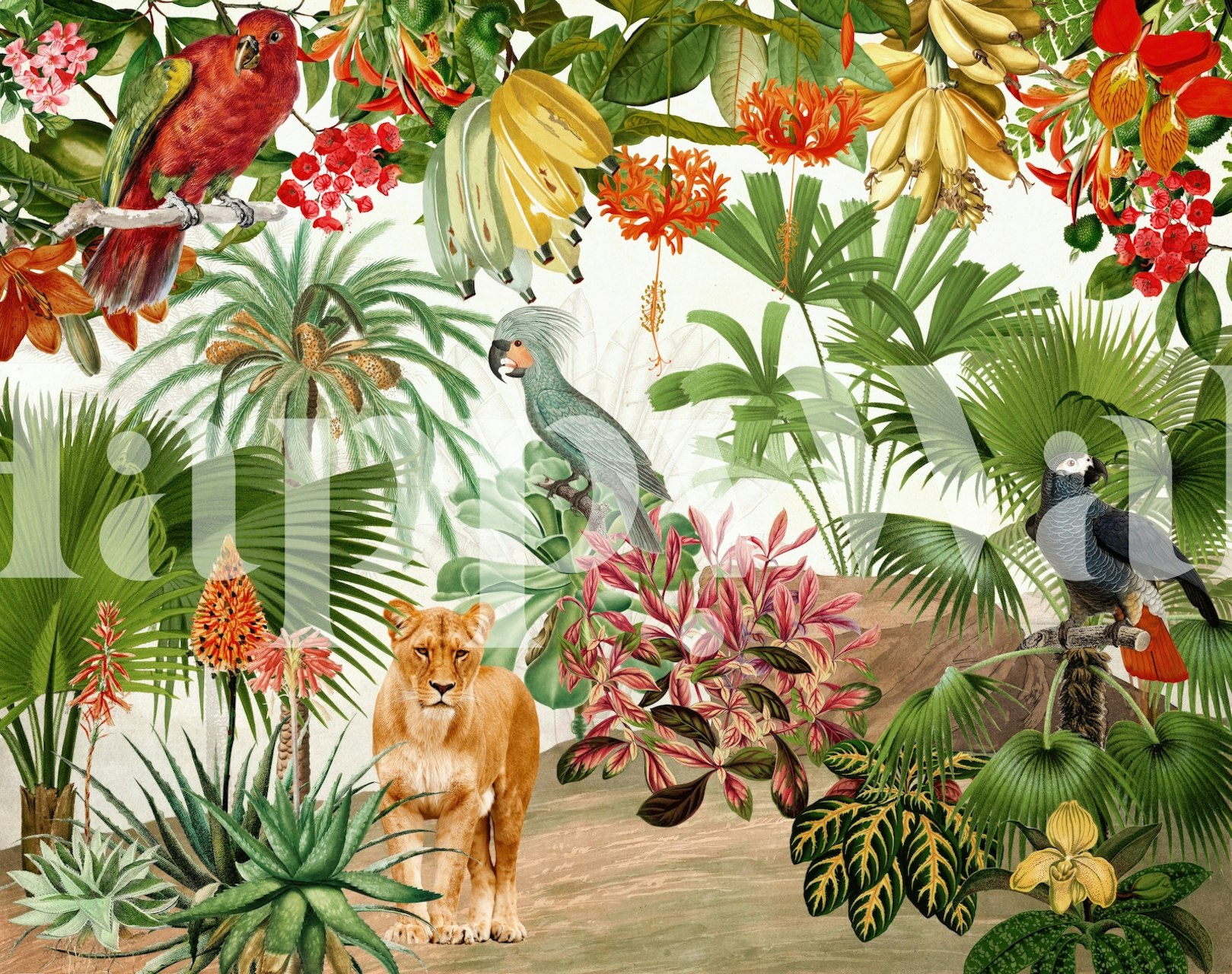 Exotic lush jungle papel de parede em um quarto