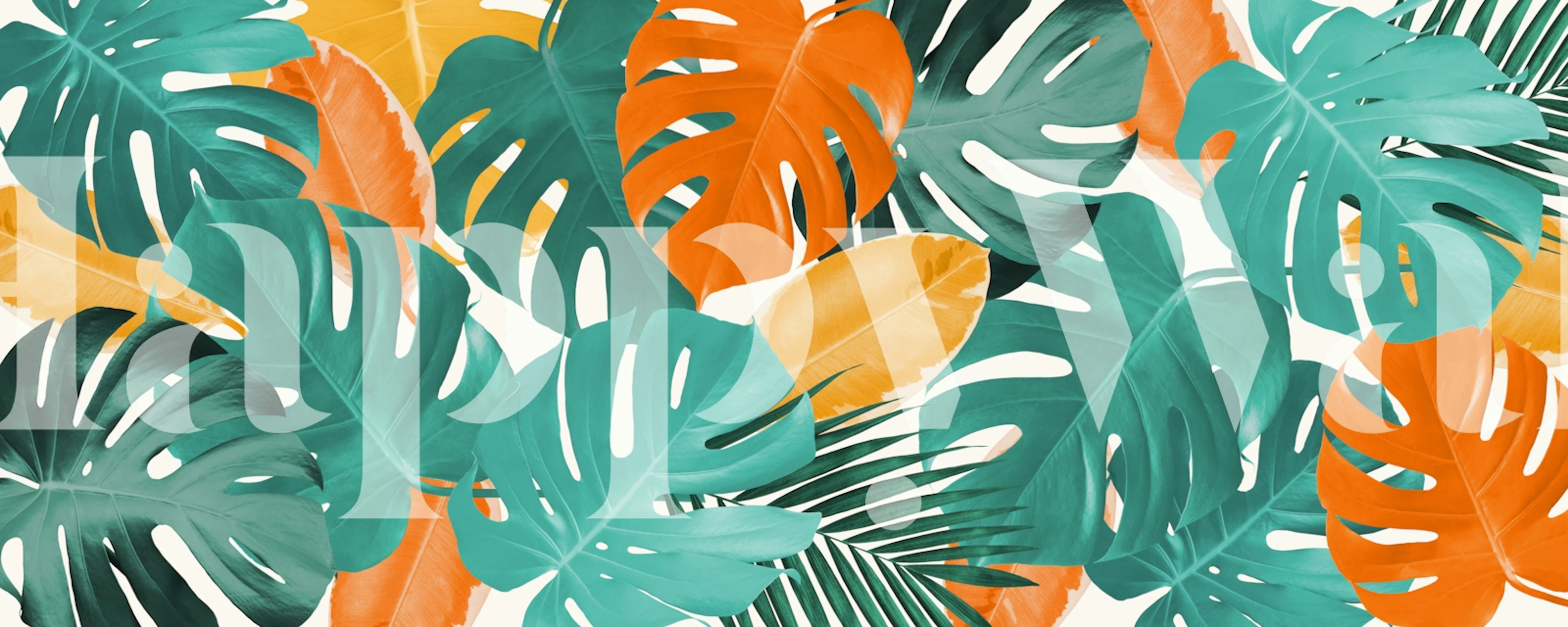 Tropical leaf design in green and orange colors wallpaper