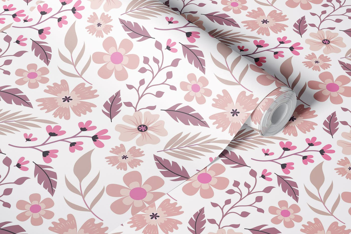 Mid Century Flower And Leaf Design Blush And Pink wallpaper roll