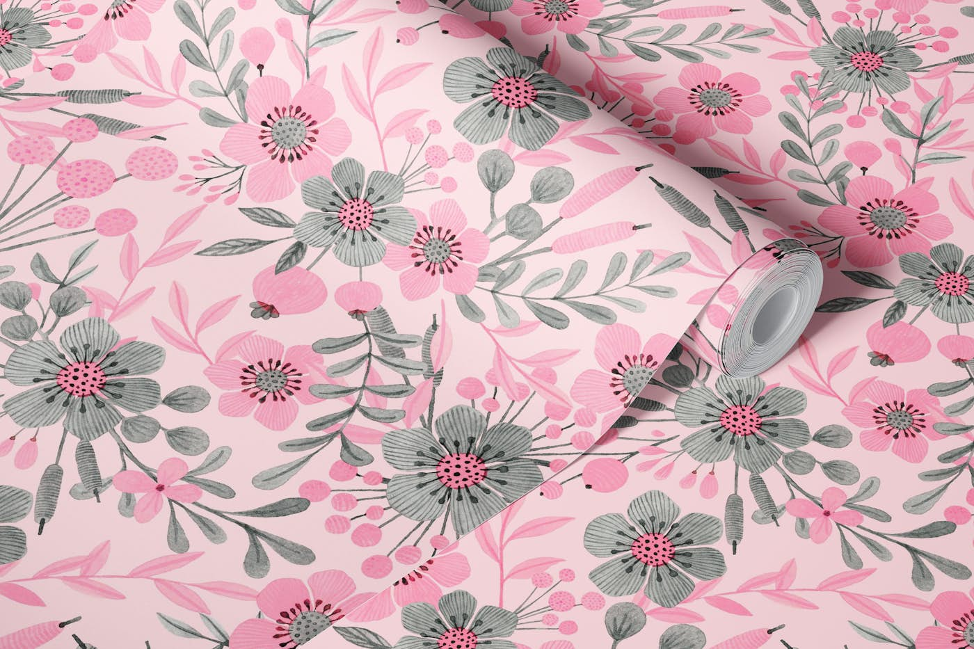 Pastel Pink And Grey Whimsical Watercolor Flowers wallpaper roll