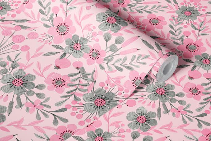 Pastel Pink And Grey Whimsical Watercolor Flowerswallpaper roll