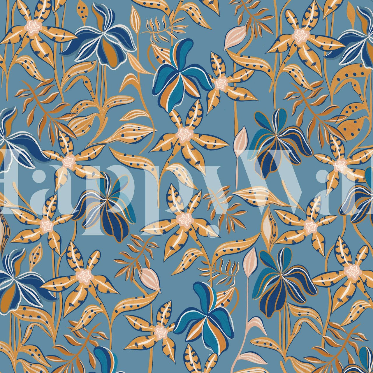 Illustrative wildflowers mural on blue background