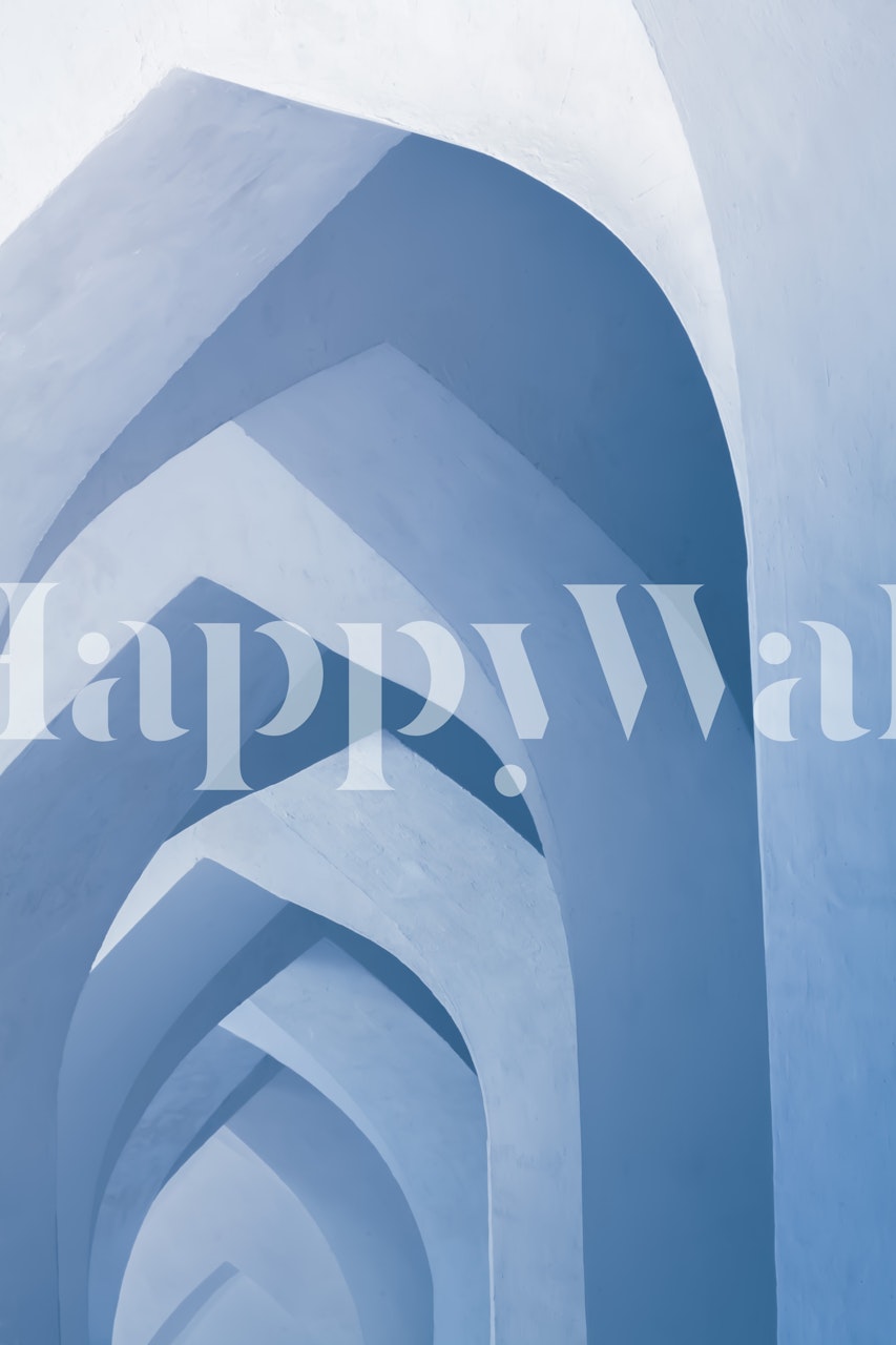 Abstract architectural wall mural in shades of blue with soaring arches.