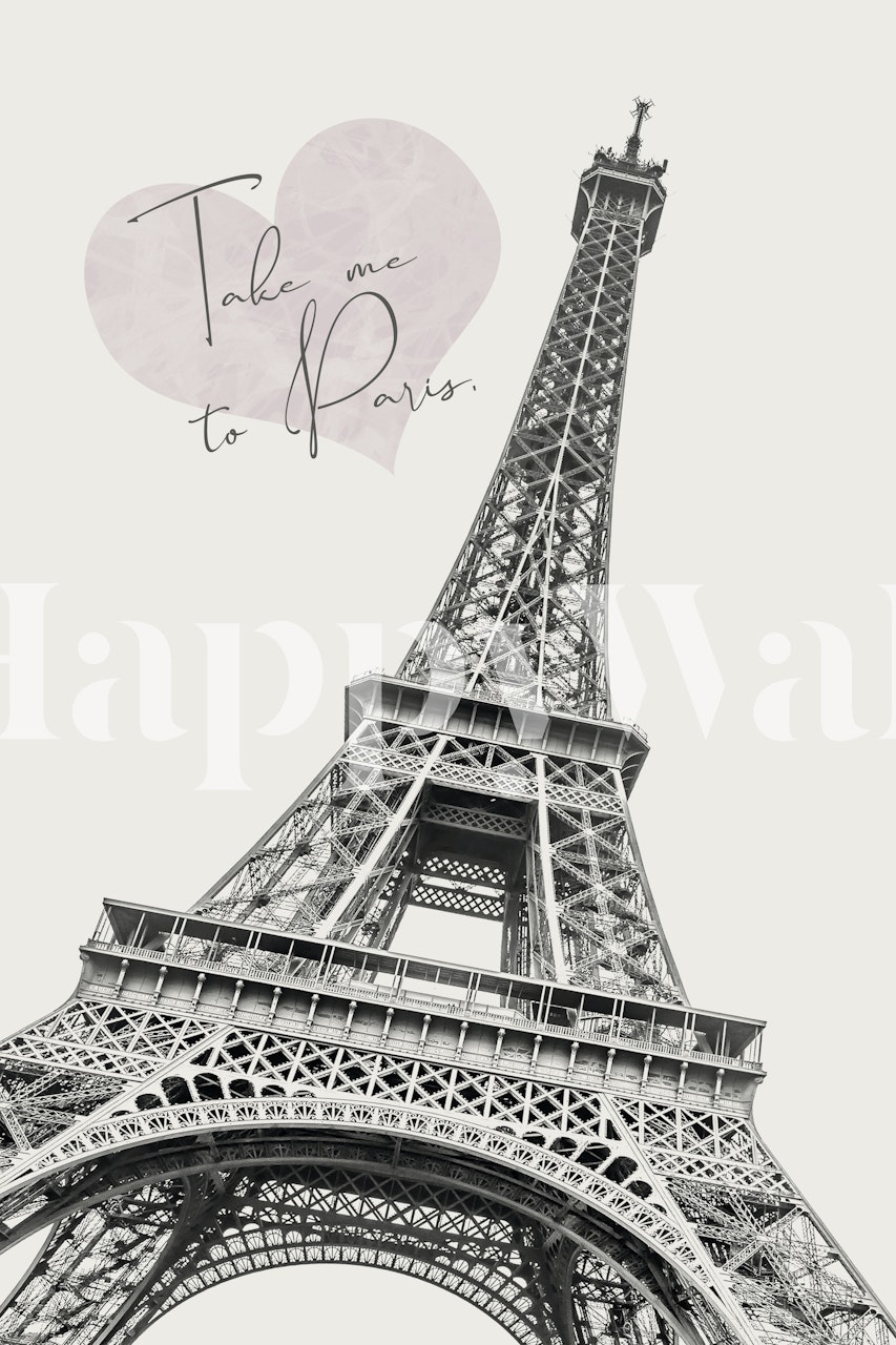 Eiffel Tower illustration in black and white with pink heart wallpaper