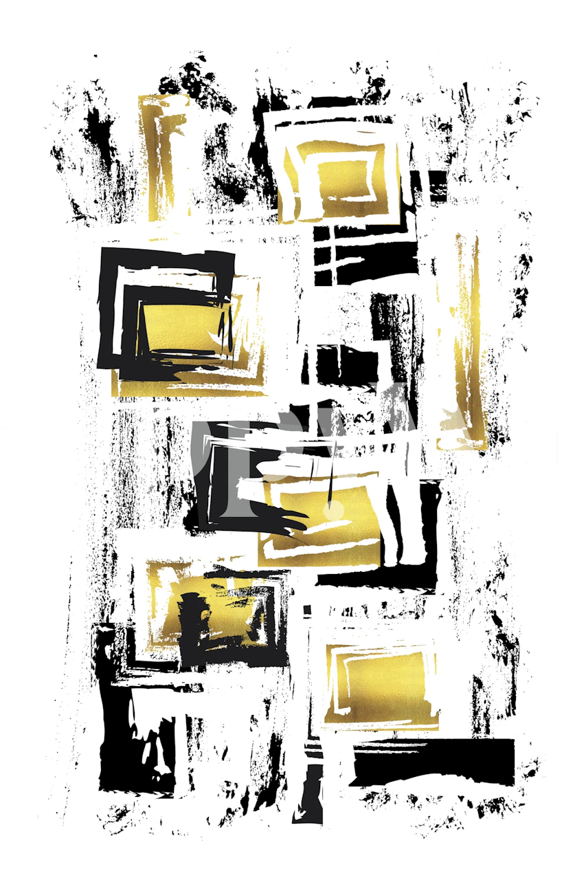 Abstract black and white wall mural with gold accents in square patterns